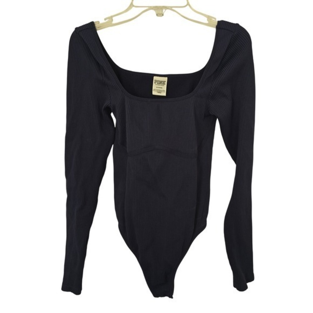 PINK Victoria's‎ Secret Ribbed Square Neck Long Sleeve Bodysuit Navy Blue M